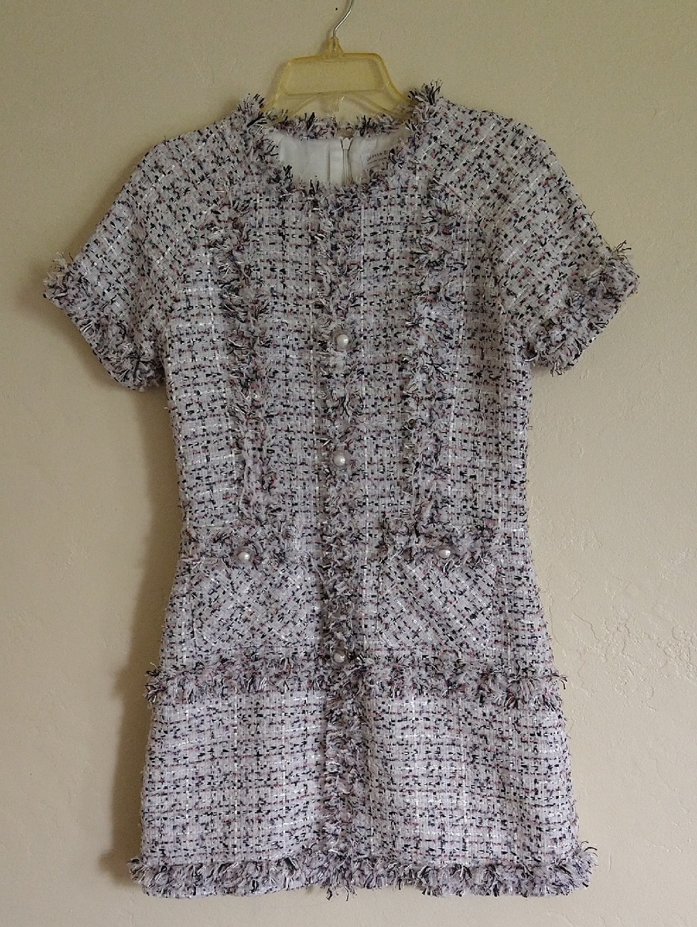 Deese Sicile Tweed Short Sleeve Fringe Dress - Elegant Daywear Size L